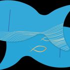 Illustration: Zwei blaue Fischformen überlappen sich mit goldenen Linien und stilisierten Fischsymbolen auf schwarzem Hintergrund.