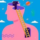 GEH NOCH MAL IN DICH. Illustration von einem Kopf mit Leiter ins Innere, umgeben von Wolken, Planeten und einem Schlüssel.