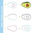 Links steht "ESSEN & TRINKEN: AVOCADO". Diagramm zeigt, wie man eine Avocado mit Gesicht zeichnet.