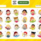 Text: "Wer ist es?", "Kopf gegen Kopf", "Name", "Meine*r Spieler*in". 
Illustration: Fröhliche Kinder in Sporttrikots mit Nummern.