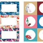Links bunte florale und wellenförmige Muster, rechts Illustrationen: Sakeflasche, Karpfen, Geisha, Laterne, Fächer, Schuhe.