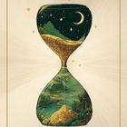 Illustration einer Sanduhr mit goldenem Sand. Oben Mond und Sterne, unten grüne Landschaft mit Fluss und Hügeln.