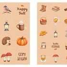 "Happy Fall", "Autumn", "Cozy Season", "Hello September", "Hello October". Illustration mit herbstlichen Motiven wie Kürbis, Igel.