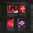 "Partypass ohne Grenzen", "Stadt, Land, 18+", "Ich hab noch nie …", "You name it!", "Spielanleitung". Hände mit Getränken.