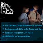 „Crime Places“; Für Fans von Escape Games und True Crime. Gruppe mit Taschenlampe, Spinne, Handschellen-Illustration.