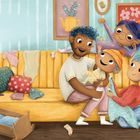 Illustration: Eine fröhliche Familie auf einem gelben Sofa mit einem Baby. Ein Schaukelbett, Spielzeug und bunte Kleidung sind zu sehen.