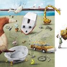 Illustration mit fliegendem Pferd, riesigem Bär, Giraffe und Möwen. Ein Kind hebt eine Couch, Auto mit Tigermuster.
