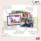 Texte: "Infos auf einen Blick", "Wegweiser-Icons", "Klar strukturiert", "Starke Symbolbilder", "Reflexions-Fragen". Ein Logo oben.