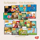 Ein Kamishibai – Viele Geschichten. Titel: Heute bin ich, Elmar, Hase Hibiskus, Regenbogenfisch, und weitere. DON BOSCO Logo.