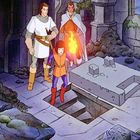 Drei Personen in mittelalterlicher Kleidung stehen in einer alten Ruine; eine Person hält eine Fackel.