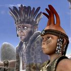 Zwei fiktive Figuren mit Federschmuck und Gesichtsbemalung schauen ernst in die Ferne. Die Szene wirkt wie Teil einer Animation.