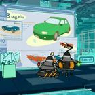 Text: "Bugalu", "Forward", "Cancel". Illustration: Zwei Roboter betrachten grüne Autoanzeige auf großem Bildschirm.