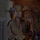 Ein Mann in Cowboy-Kleidung lehnt an Holzwänden in einem schwach beleuchteten Raum. Er trägt einen Hut und Handschuhe.