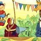 Ein Junge mit Fernglas und "M"-Shirt schwebt. Papagei, Schildkröte und Giraffe im Anzug; bunte Wimpel im Hintergrund.