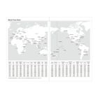 "World Time Chart" oben links, zeigt Weltkarte mit Städtenamen und Zeitzonentabelle darunter.