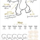 Oben: "FLUFFY... and cute!", "ENERGETIC always ready for fun!", "TALENTED excellent guitar player". Mitte: Charakterzeichnung. Unten: Kalender für Mai.