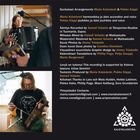 Texte beschreiben Musik- und Produktionseinblicke. Zwei Fotos zeigen Künstler mit Akkordeon und Jouhikko, Mikrofon und Noten. Logo unten.