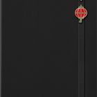 Schwarzes Notizbuch mit elastischem Band, darauf goldene Essstäbchen mit Dumpling und rote Laterne als Dekoration.