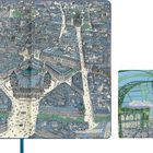 Eine detaillierte Stadtansicht aus der Vogelperspektive neben einer bunten architektonischen Illustration.