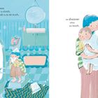 Ein Badezimmer mit Kind in der Wanne, Stofftier-Ente. Auf der rechten Seite ein Kind im Arm einer Person. Text über Berührung.