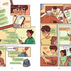 Chatverläufe zeigen Diskussionen über Mathematik und Improvisation. Zwei Personen mit Smartphones, eine im Bett. Seiten 78-79.