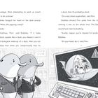 Text oben: Diskussion über Enten und Superhelden. Illustration: Zwei Delfine in Anzügen vor Monitor mit Raumschiff und Figuren.