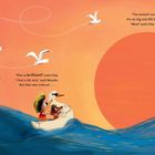 Texte auf Englisch über eine brillante Aussicht und einen beeindruckenden Sonnenuntergang. Kinder in Boot, großes Schiff.