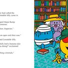 Links Text über Polizei und einen Tatort. Rechts bunte Figuren in einem Raum mit Bücherregalen, eine trägt eine Polizeimütze.