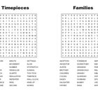 Texte: "Timepieces", "CLOCKWORK", "MINUTE", "FAMILIES", "ADOPTION", "FOREFATHER". Wortsuche mit zwei Themenblöcken.