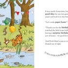 Texte: "Let's make paper boats!" Illustrationsstil, mit Figuren auf einer Brücke, die Papierboote in einem Bach segeln lassen.