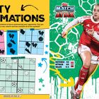 "Footy Formations" und "Match Attax". Links Sudoku-Raster mit Fußball-Symbolen, rechts Fußballspielerin. Punkte: Verteidigung 42, Angriff 89, Wert 9.5.
