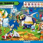 Text: "CHAO TROUBLE. Add a tick when you spot each item and character!" Bunte Cartoon-Figuren in einer lebhaften Landschaft.