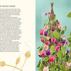 „THE ART OF SAVING SEEDS“ erklärt die Samenreifung. Illustration zeigt bunte Blumenranken an Holzgestellen.