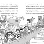 Text beschreibt Timlandia und zahlreiche Tims überqueren eine Brücke. Illustration: Viele fröhliche Figuren tragen Objekte.