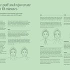 Text: "Energise, de-puff and rejuvenate your face in 10 minutes." Anweisungen zur Gesichtsmassage, begleitet von Illustrationen.