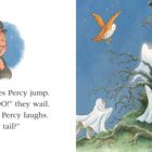 Text: "A group of ghosts makes Percy jump..." 
Illustration: Percy lacht, mehrere Geister, eine Eule im Nachthimmel.