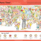 „Party Time!“, „Can you find?“. Paddington bei einer fröhlichen Straßenparty mit bunten Spielen und Luftballons.