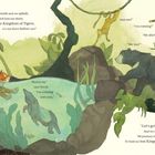 Eine Illustration zeigt Tiere im Dschungel. Ein Tiger schwimmt im Wasser, ein Affe schwingt an Lianen, ein Bär klettert.