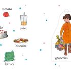 "Things to eat" und "groceries" als Titel. Illustrationen von Tomate, Saft, Kuchen, Keksen, Karotten, Milch, Salat und einer Person mit Einkaufskorb.