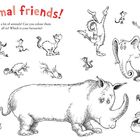 "Animal friends! What a lot of animals! Can you colour them all in? Which is your favourite?" zeigt viele fantasievolle Tiere.