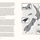 Text: "Chardonnay and New Zealand." Zeichnungen von Tieren und Weingläsern auf einer Karte von Neuseeland, illustriert.