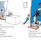 Zwei Kinder sitzen überrascht, während eine anthropomorphe Katze mit Hut die Tür betritt.