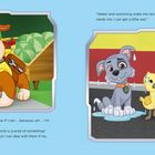 Links ein Hund mit Bauhelm, rechts ein Hund, Ente und Dalmatiner umgeben von Comic-Stil.