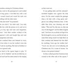 Seiten 10 und 11 aus einem Buch. Text beschreibt eine Einkaufsszene mit einem Jungen, einem roten Schal und einer geschmückten Frau.