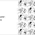 "I LOVE WINTER!" Snoopy. Links ein einzelner Text, rechts eine wiederholte Illustration von Figuren beim Schlittschuhlaufen.