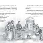 Text: Zwei Personen sprechen über eine Bahnlinie von Brunel. Eine weitere Szene mit einem Mann, der Ananas riecht. Eine Gruppe mit Hund.  
Illustration: Personen in historischer Kleidung und ein kleiner Hund in einem Raum mit Säulen.