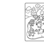 Eine winterliche Illustration mit tanzenden Pinguinen im Schnee, umgeben von Bäumen und Bergen.