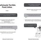 "Deliciously Terrible Food Jokes" in großer Schrift. Diverse witzige Unterhaltungen und Wortspiele, teils in Sprechblasen.