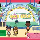 Texte: „Voxella Vogue“, „Vox Ella“, „Game Tips!“, „Use your stickers to get Voxella-ready!“. Illustration: Bühne mit Comicfiguren.