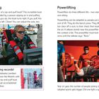 Linke Seite: "Sailing", "Ever hear of a sip-and-puff boat?", "Smashing records!" Bild: Person steuert Boot mit speziellem Gerät. Rechte Seite: "Powerlifting", "Powerlifters do three different lifts", Bild: Person hebt Gewichte, zwei Helfer schauen zu.